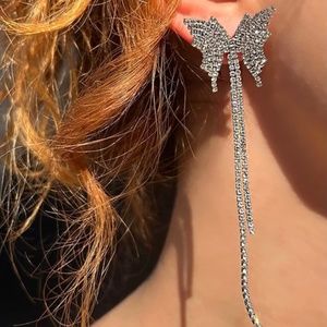 Long butterfly Rhinestone Earrings silver minimalist stainless steel